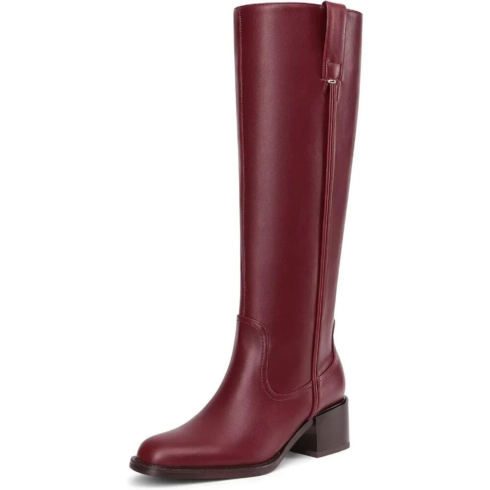 Women's Burgundy Chunky Low Block Heel Round Toe Faux Leather Knee High Boots